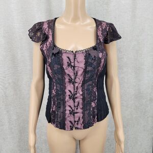 Rene Derhy Vintage Pink Satin Black Lace Overlay Corset Top with Boning